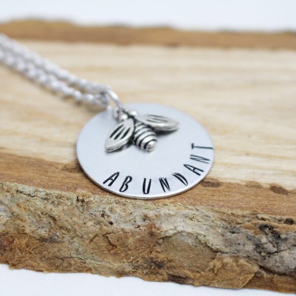 Bee Abundant - Hand Stamped Pendant Necklace - Handmade & Hypoallergenic - Picture 3 of 6